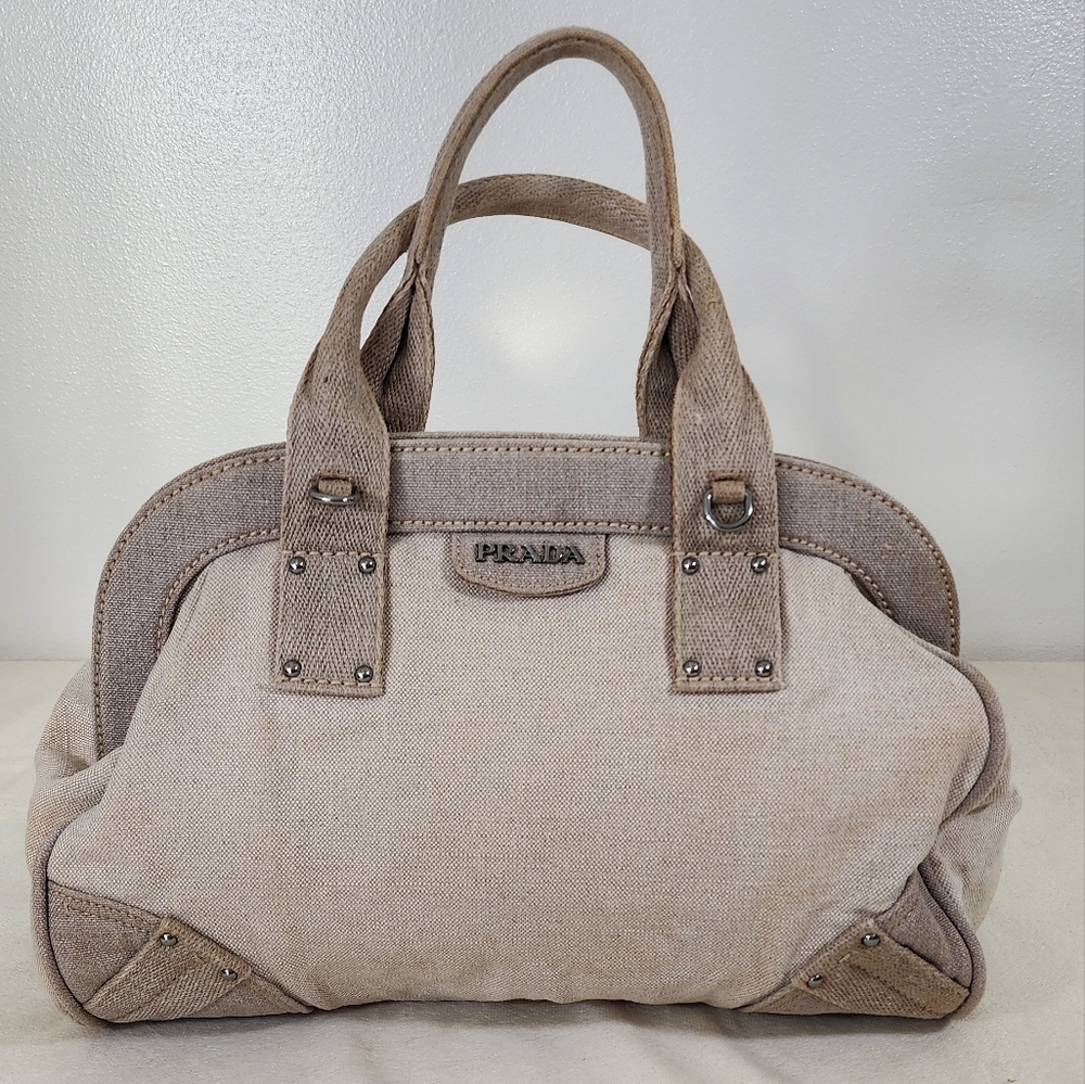 Prada Canvas Bowler Hand Bag. Slight Discoloration On Sides Of Bag. Cleanable.